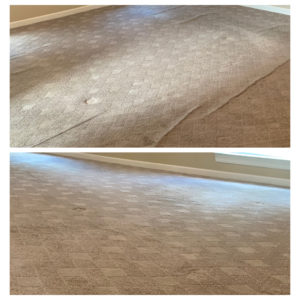 Before and after carpet repair image of carpet stretching