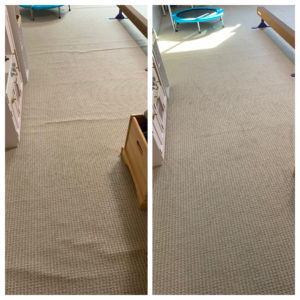 Before and after image of carpet re-stretch carpet repair